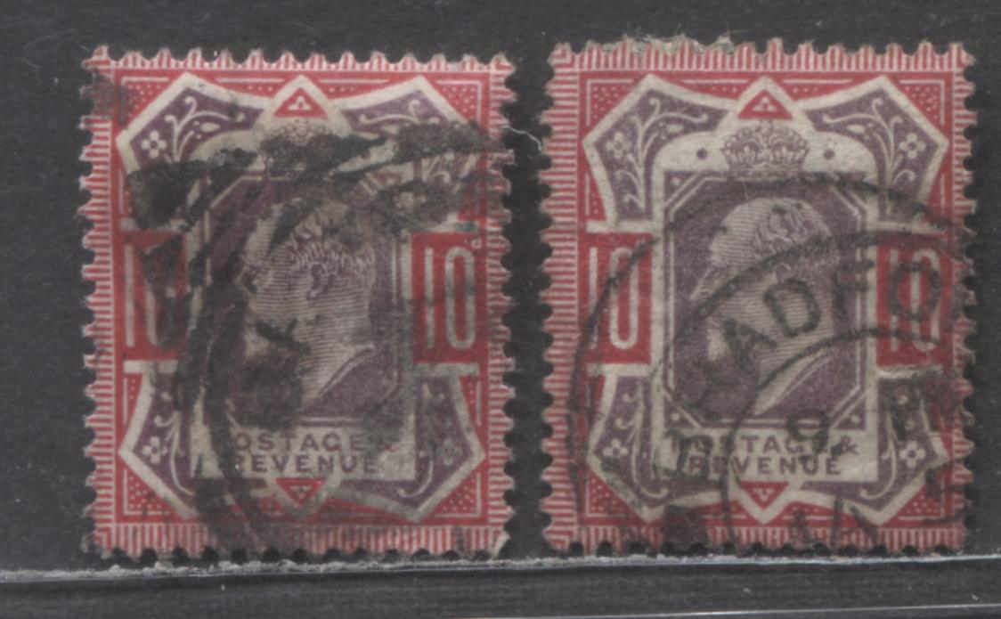 Great Britain SC#137 10d Dull Purple & Carmine & Slate Purple & Carmine 1902-1910 King Edward VIII Issue, De la Rue Printings, 2 Very Good Used Singles, Click on Listing to See ALL Pictures, Estimated Value $5 USD