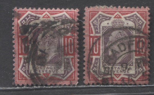 Great Britain SC#137 10d Dull Purple & Carmine & Slate Purple & Carmine 1902-1910 King Edward VIII Issue, De la Rue Printings, 2 Very Good Used Singles, Click on Listing to See ALL Pictures, Estimated Value $5 USD