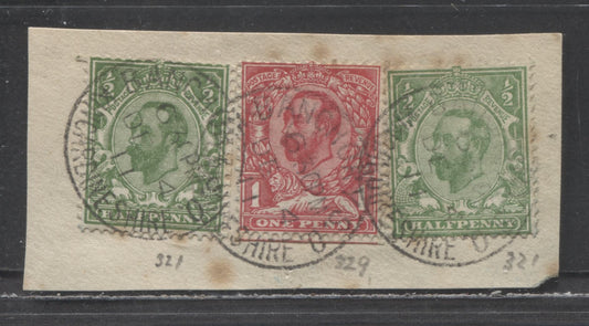 Great Britain SC#151-152g 1902-1910 King Edward VIII Issue, 1/2d Yellow Green (Two Shades, Type 1) & 1d Carmine, Kincardineshire, Dec 4, 1911 CDS, 3 Singled Used On Piece, Click on Listing to See ALL Pictures, 2022 Scott Classic Cat. $12.5 USD