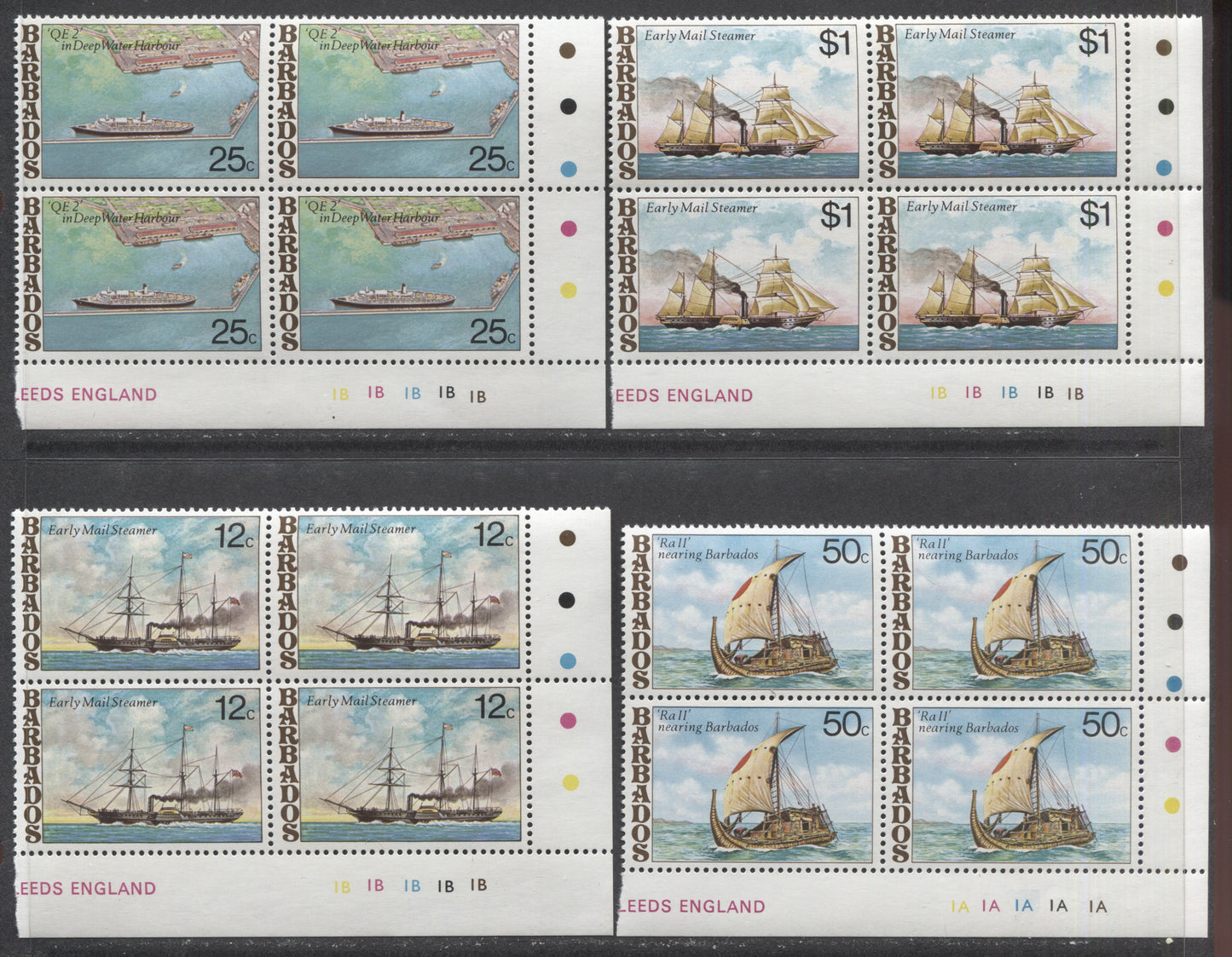 Barbados SC#487-490 1979 Ships Issue, 4 VFNH Cylinder Blocks Of 4, Click on Listing to See ALL Pictures, 2022 Scott Classic Cat. $13.8 USD