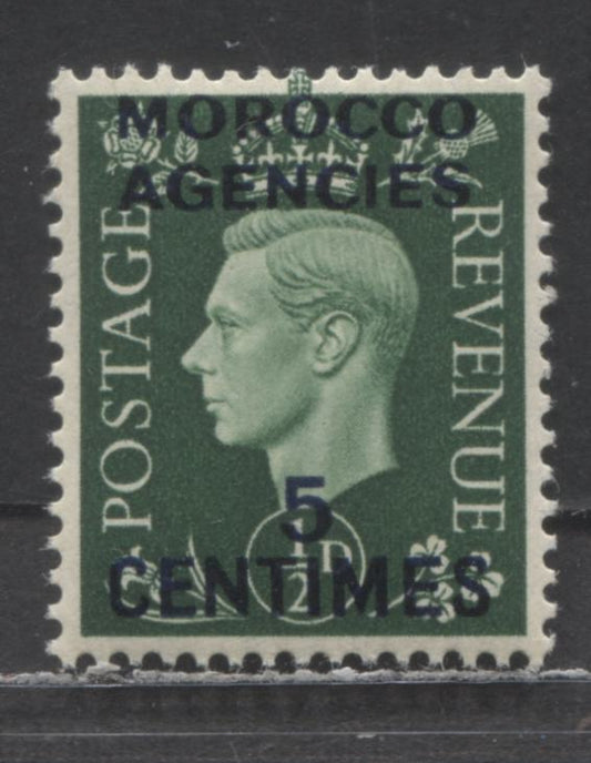 Morocco Agencies SC#440 1/2d Dark Green 1937 French Currency Overprint On King George VI Issue, Only Value Of The Set So Overprinted, A VFNH Single, Click on Listing to See ALL Pictures, 2022 Scott Classic Cat. $4.75 USD