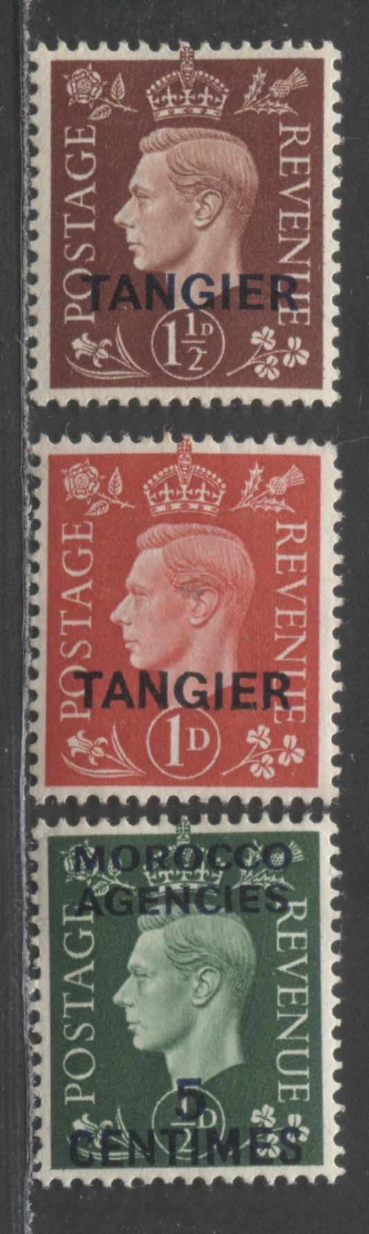 Morocco Agencies SC#515-517 1/2d, 1d, 1 1/2d 1937 Tangier Overprints On King George VI Issue, The Only Values From The Dark Color Set To Be Overprinted, 3 VFOG Singles, Click on Listing to See ALL Pictures, 2022 Scott Classic Cat. $35.5 USD