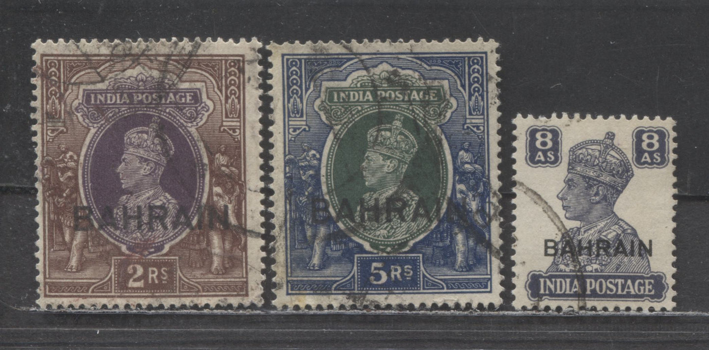 Lot 52 Bahrain SC#33/50 1938-1944 KGVI Pictorial Issue, 2rd Brown, 5rs Blue & Green & 8as Blackish violet, 3 Fine/Very Fine Used Singles, Click on Listing to See ALL Pictures, Estimated Value $20 USD