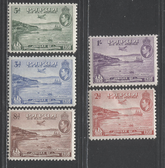 Papua SC#C5-C9 1938 50th Anniversary Of Possetion, 2d-5d Are NH, 8d & 1/- Hinged Lightly, 5 F/VFNH/LH Singles, Click on Listing to See ALL Pictures, Estimated Value $40 USD