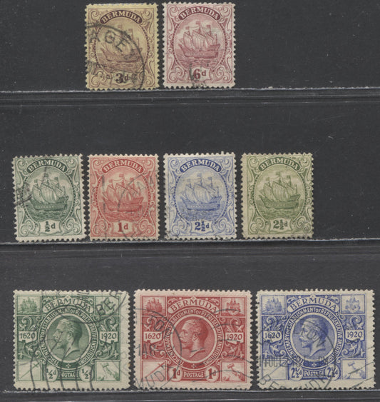 Lot 66 Bermuda SC#72/91 1922-1934 Tercentenary & Caravel Definitives, Script CA Wmk, 9 Fine Used Singles, Click on Listing to See ALL Pictures, Estimated Value $10 USD