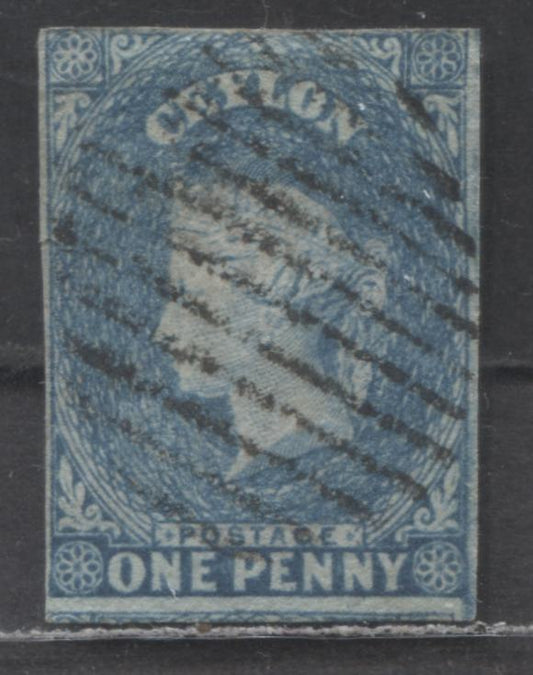 Lot 87 Ceylon SC#3 1d Deep Turquoise 1857-1859 Queen Victoria Profile Heads Issue, Perkins Bacon Printing, Large Star Wmk, 3 Margins, Close At Top But Not In, A Fine Used Single, Click on Listing to See ALL Pictures, Estimated Value $20 USD