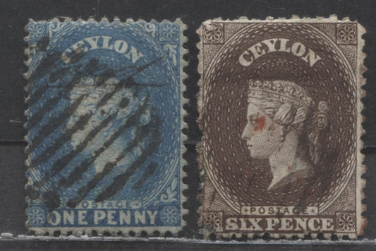 Lot 88 Ceylon SC#39/53 1863-1868 Queen Victoria Profile Heads Issue, 1d Blue & 6d Chocolate Brown, Large Star & Crown CC Wmks, 2 Good/Very Good Used Singles, Click on Listing to See ALL Pictures, Estimated Value $3 USD