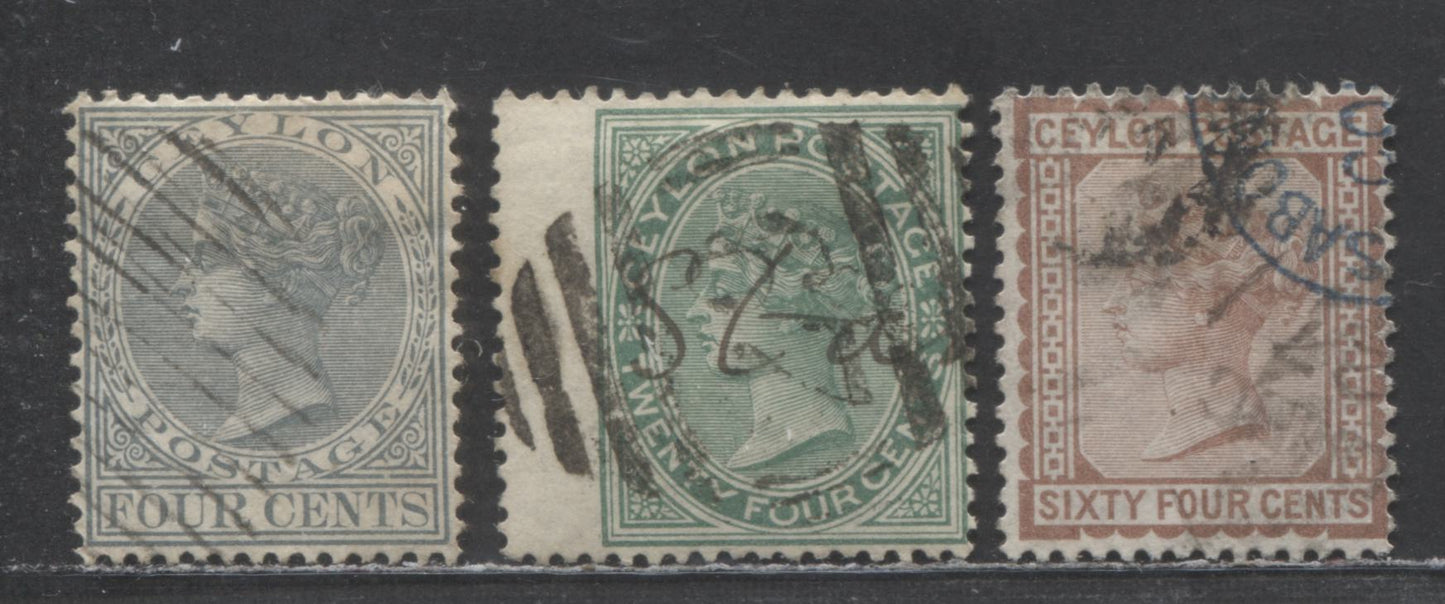 Lot 89 Ceylon SC#64/72 1872-1880 Queen Victoria Issue, 4c Gray, 24c Green & 64c Red Brown, Crown CC Wmks, 3 Fine/Very Fine Used Singles, Click on Listing to See ALL Pictures, Estimated Value $40 USD