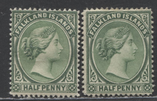 Lot 96 Falkland Islands SC#9 1/2d Green 1891-1902 Queen Victoria Profile Head Issue, Slightly Different Shades, Bradbury Wilkinson Printings, 2 FOG & Unused Singles, Click on Listing to See ALL Pictures, Estimated Value $15 USD