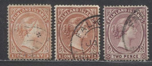 Lot 97 Falkland Islands SC#11/13 1891-1902 Queen Victoria Profile Head Issue, 1d Pale Red, Orange Red Brown & 2d Deep Purple, 3 Very Fine Used Singles, Click on Listing to See ALL Pictures, 2022 Scott Classic Cat. $102.5 USD