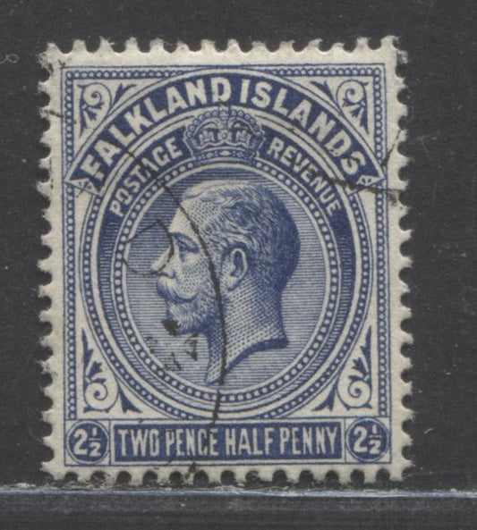 Lot 99 Falkland Islands SC#33b 2.5d Deep Blue 1912-1920 KGV, Comb Perf 14, A Very Fine Used Single, Click on Listing to See ALL Pictures, 2022 Scott Classic Cat. $65 USD