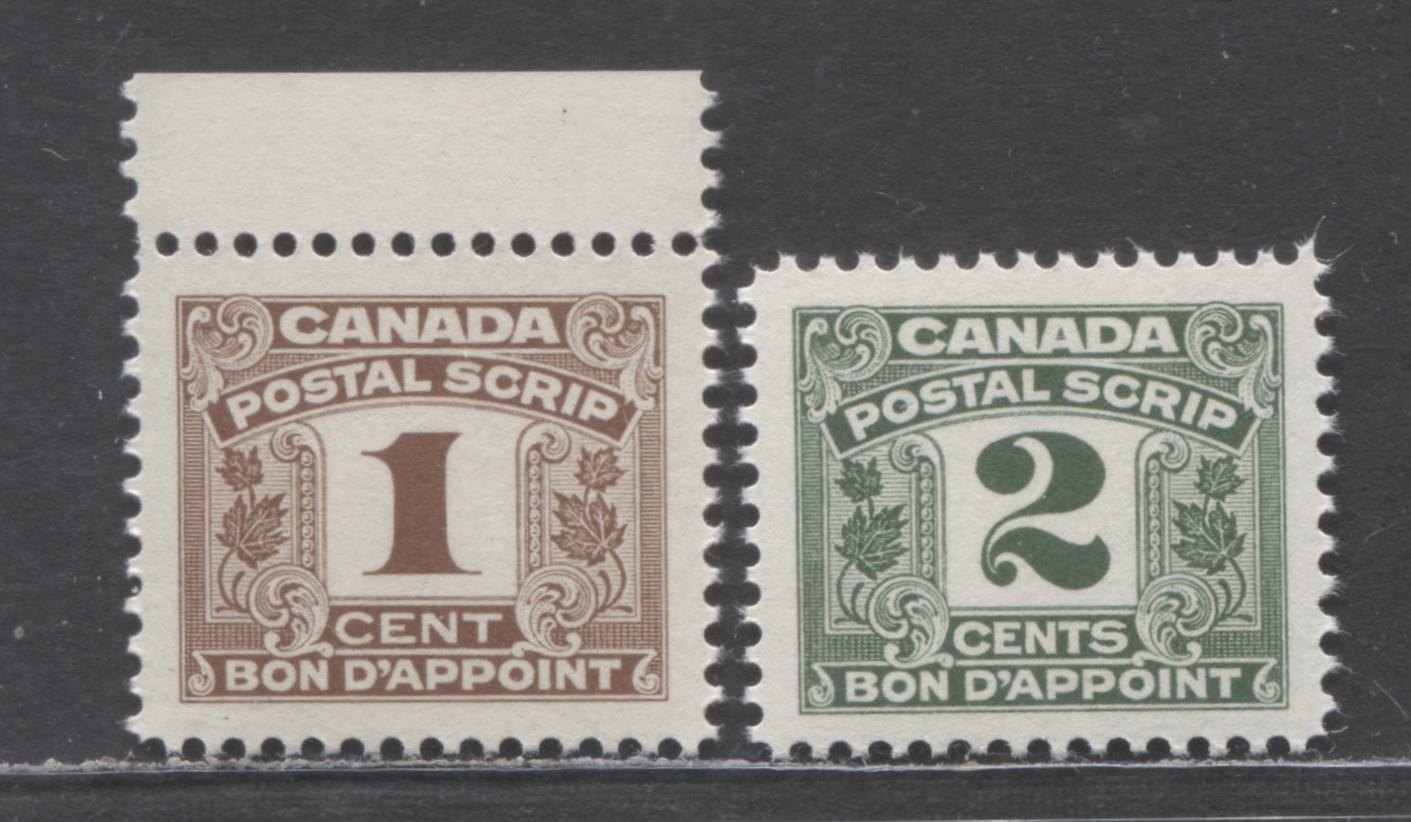 Canada #FPS23-24 1c & 2c Brown & Green , 1967 Postal Script Issue, 2 VFNH Singles With Large Size 20.5mm x 17mm Designs