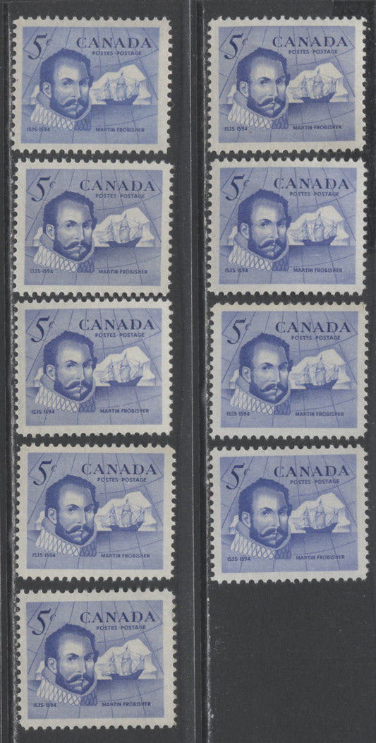 Lot 35 Canada #412 5c Deep Blue, Ultramarine, Bright Ultramarine & Aniline Ultramarine Sir Martin Frobisher, 1963 Martin Frobisher Issuer, 9 VFNH Singles On DF Papers With Different Perfs