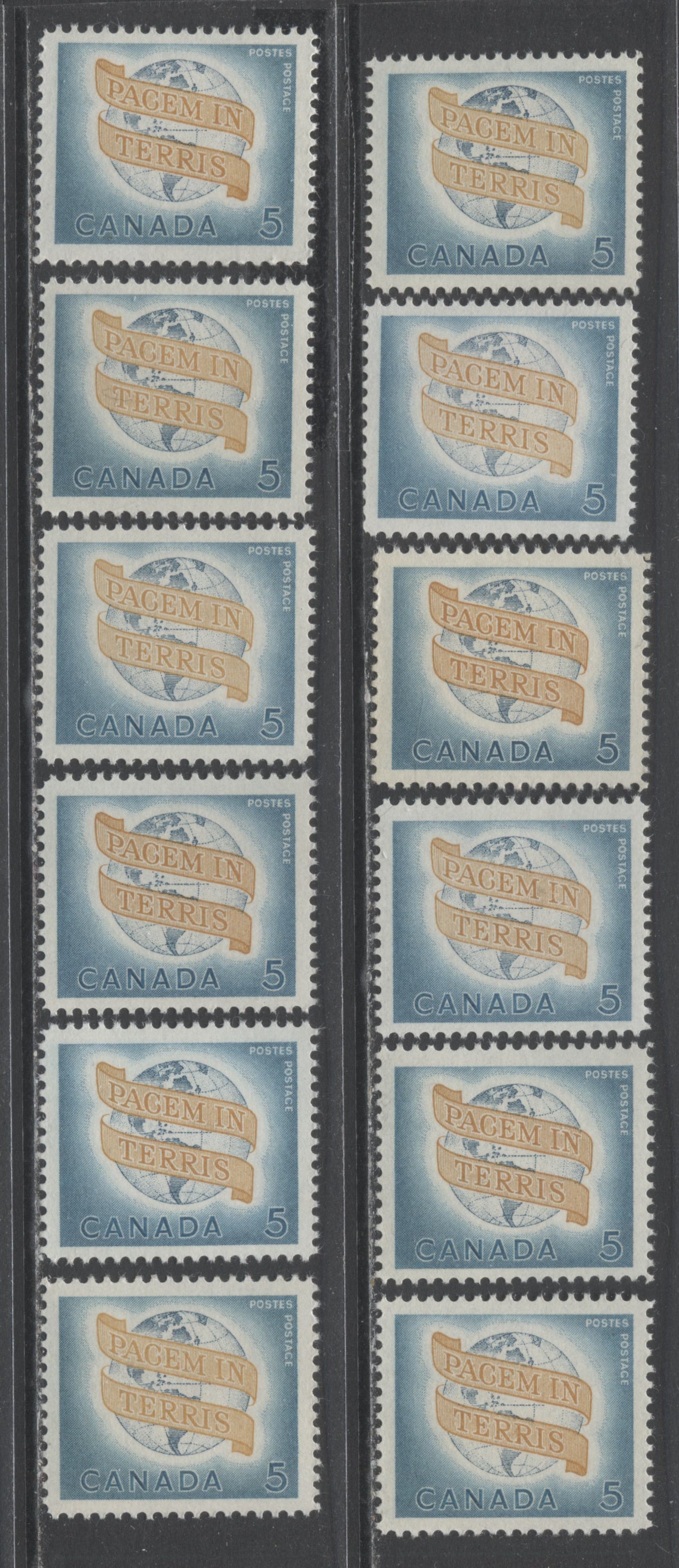 Canada #416 5c Greenish Blue, Prussian Blue & Ochre Pacem In Terris, 1963 World Peace, 12 VFNH Singles With DF & LF Papers, Different Ribbon Shades & Perfs
