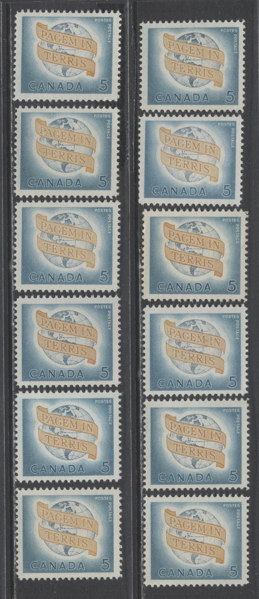 Canada #416 5c Greenish Blue, Prussian Blue & Ochre Pacem In Terris, 1963 World Peace, 12 VFNH Singles With DF & LF Papers, Different Ribbon Shades & Perfs