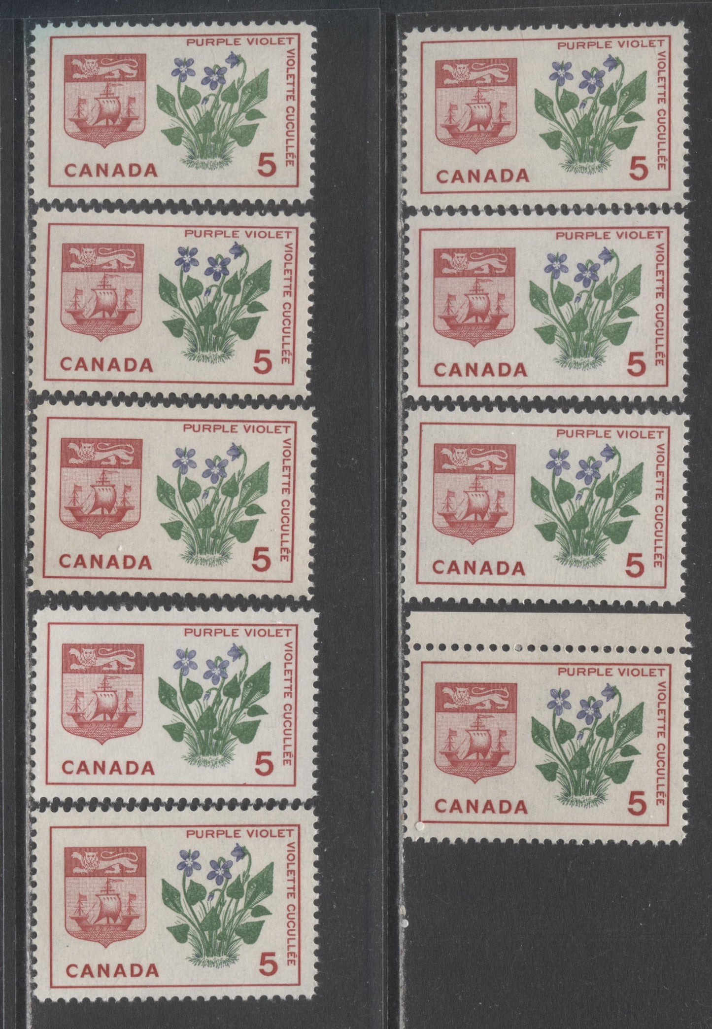 Canada #421-i 5c Carmine, Green & Violet New Brunswick, 1964 Floral Emblems & Coat Of Arms, 9 VFNH Singles With DF & LF-fl Papers With Different Violet & Green Shades & Perf Differences