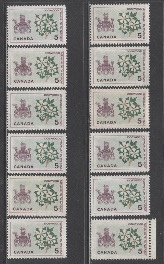 Canada #423-i 5c Lilac, Green & Bistre British Columbia, 1964 Floral Emblems & Coat Of Arms, 12 VFNH Singles With 2 Types Of DF & 3 Types Of Fluorescent Papers & Different Perfs
