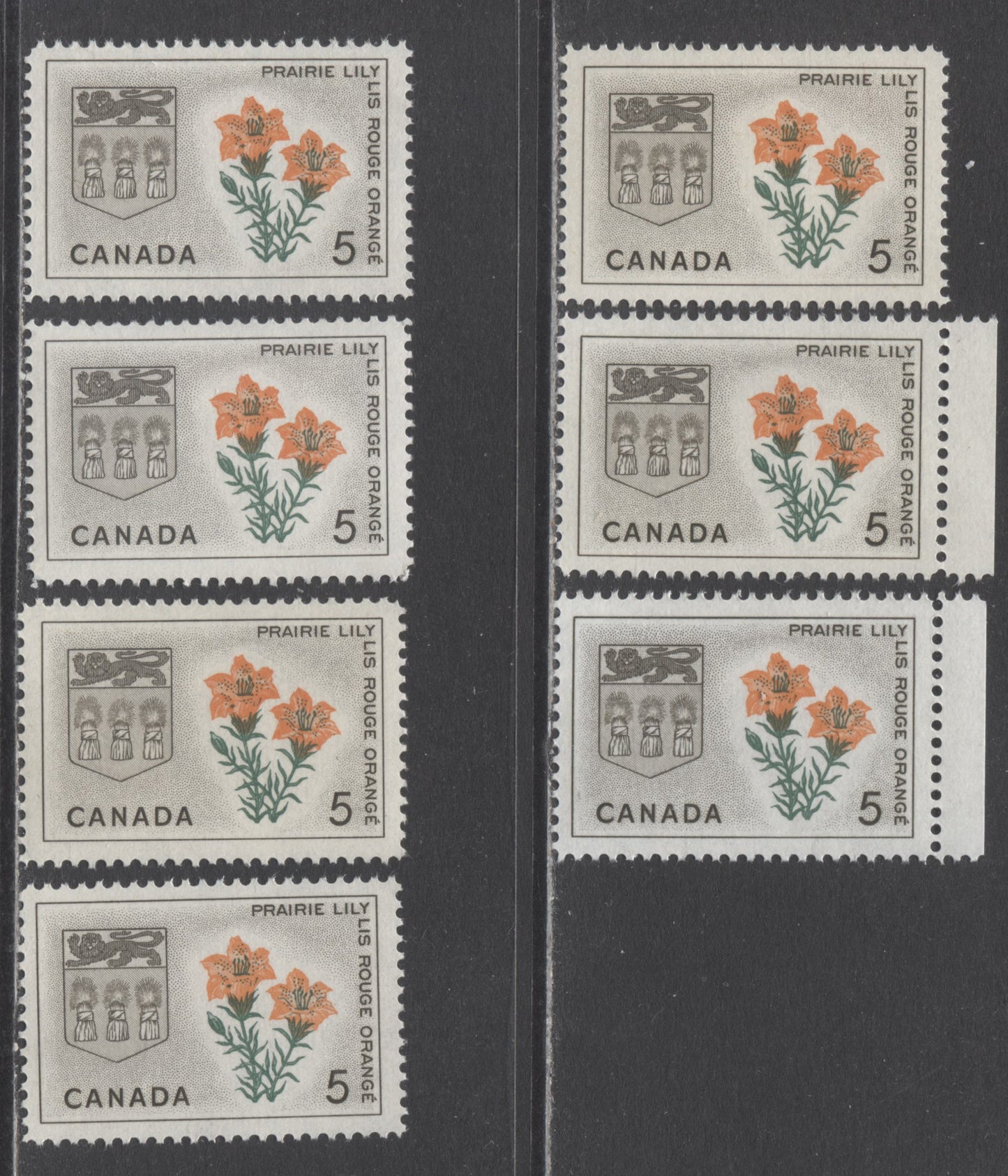 Lot 132 Canada #425-i 5c Sepia, Orange & Green Saskatchewan, 1964 Floral Emblems & Coat Of Arms, 7 VFNH Singles With Two Types Of DF & Fluorescent Paper & NF Paper