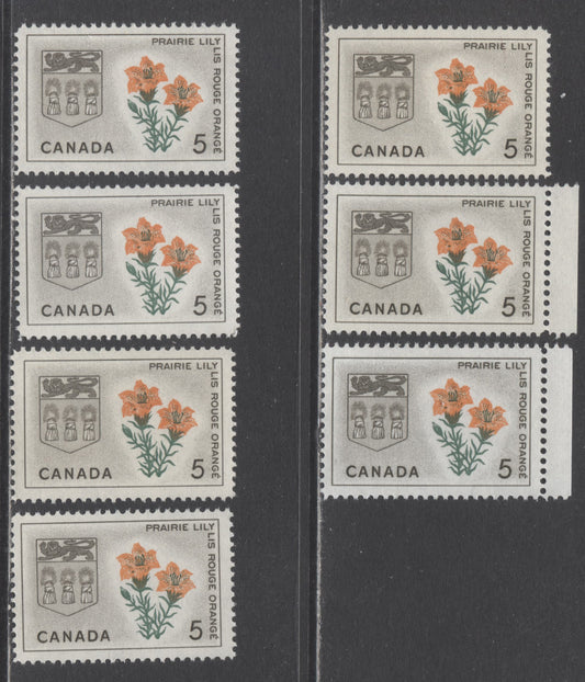 Canada #425-i 5c Sepia, Orange & Green Saskatchewan, 1964 Floral Emblems & Coat Of Arms, 7 VFNH Singles With Two Types Of DF & Fluorescent Paper & NF Paper