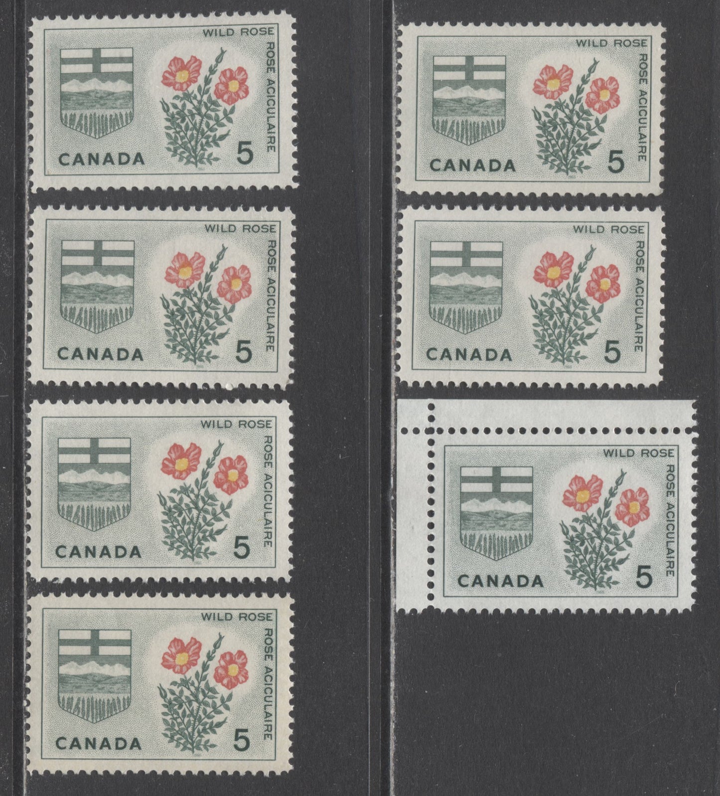 Canada #426-i 5c Dull Green, Yellow & Carmine Alberta, 1964 Floral Emblems & Coat Of Arms, 7 VFNH Singles With Three Types Of DF Paper & 2 Types Of Fluorescent Paper, Perfs 11.9 & 11.85 x 11.9