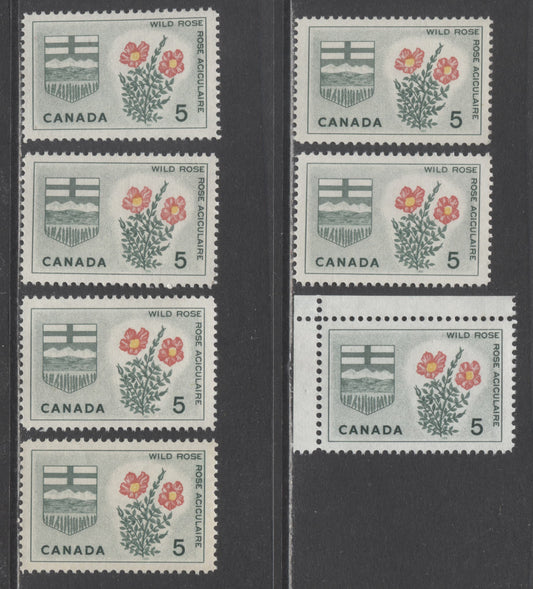 Canada #426-i 5c Dull Green, Yellow & Carmine Alberta, 1964 Floral Emblems & Coat Of Arms, 7 VFNH Singles With Three Types Of DF Paper & 2 Types Of Fluorescent Paper, Perfs 11.9 & 11.85 x 11.9