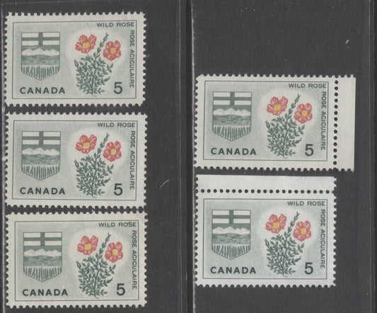 Canada #426ivar 5c Dull Green, Yellow & Carmine Alberta, 1964 Floral Emblems & Coat Of Arms, 5 VFNH Singles With Loretta's Flower Variety On Four Different Fluorescent Papers, Perf 11.9 & 11.85 x 11.9