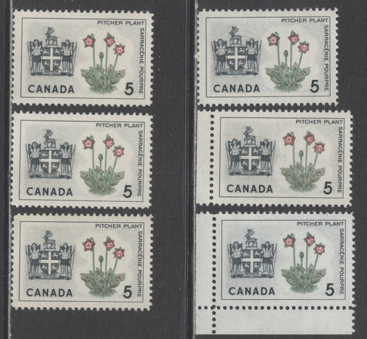 Canada #427-i 5c Black, Green & Carmine Newfoundland, 1964 Floral Emblems & Coat Of Arms, 6 VFNH Singles With Two Different DF & Fluorescent Papers, Perf 11.9 & 11.85 x 11.9