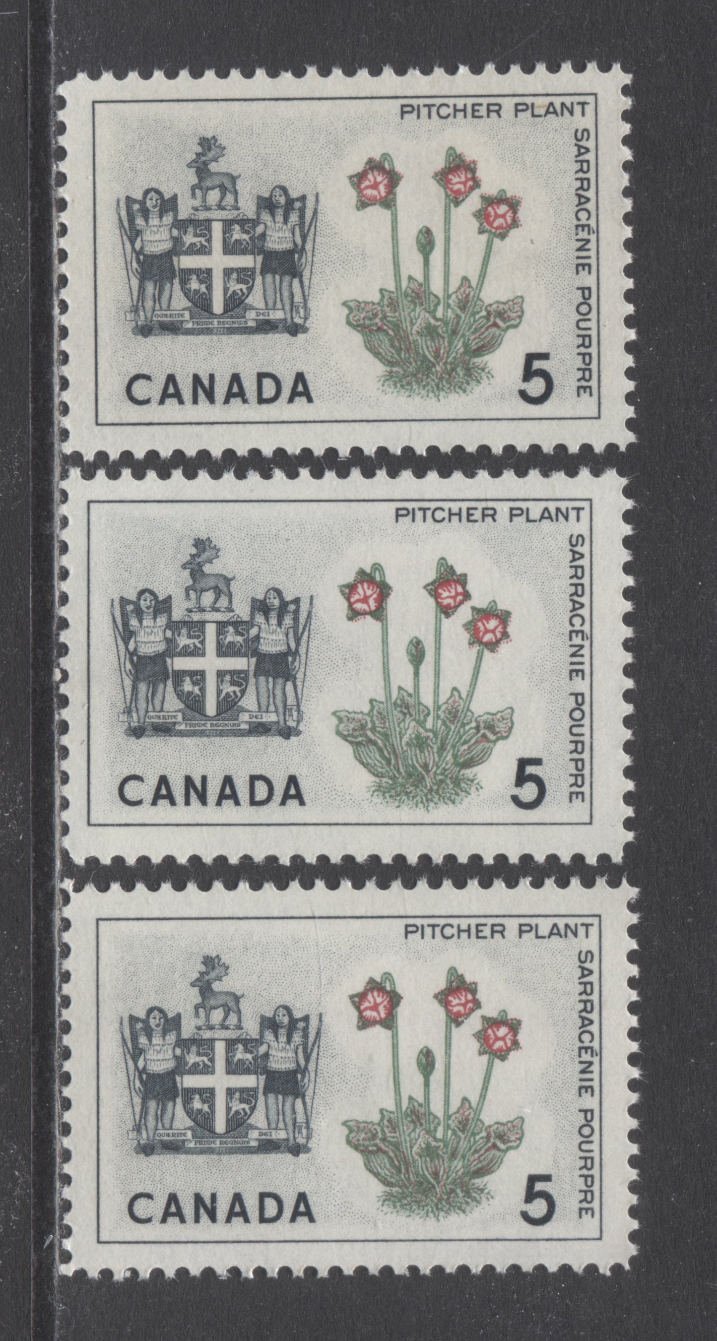 Canada #427var 5c Black, Green & Carmine Newfoundland, 1964 Floral Emblems & Coat Of Arms, 3 VFNH Singles With Upward Shift & Rightward Shift Of Red With Normal, DF Papers, Perf 11.9