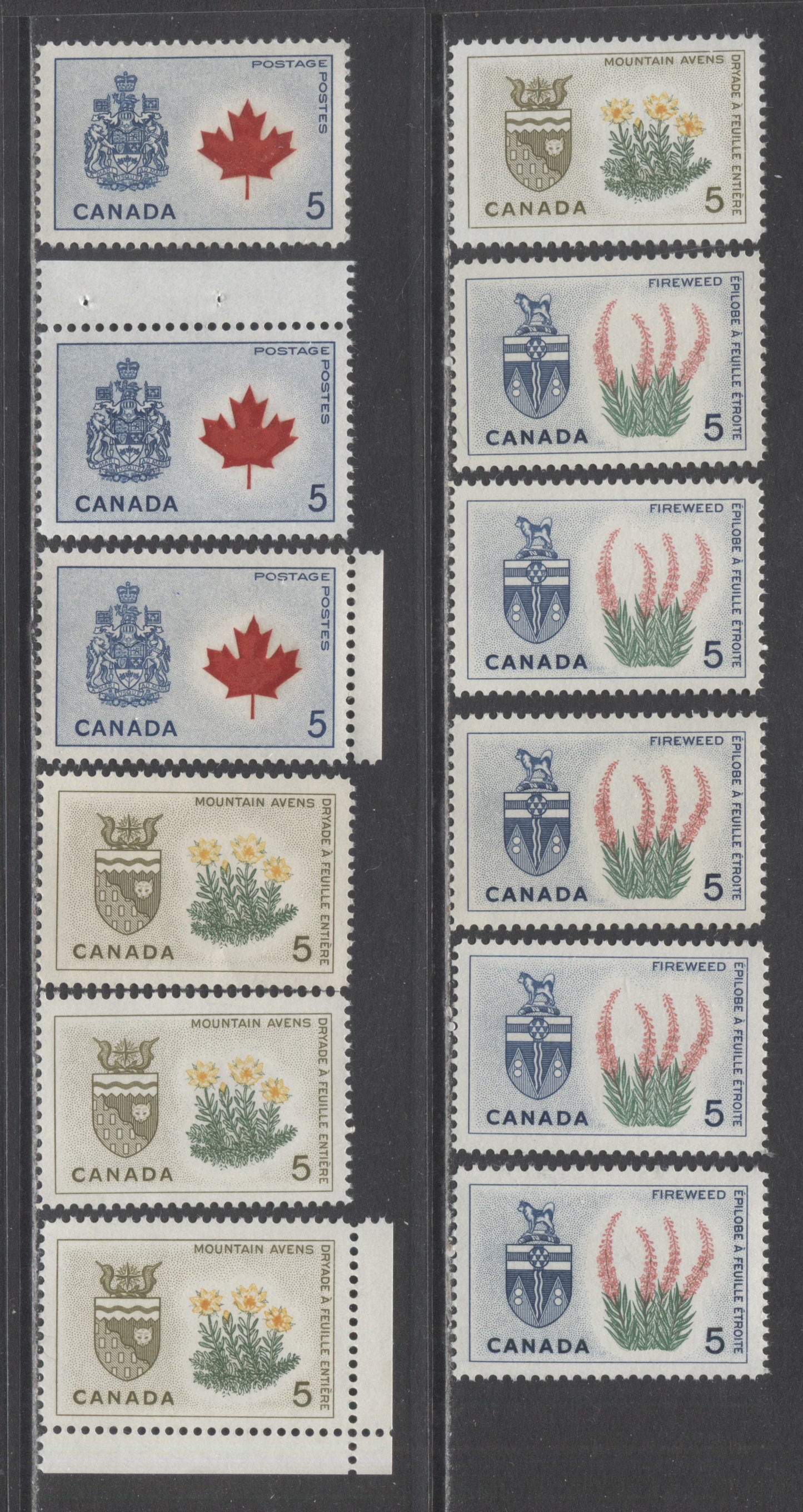 Canada #428-429a, 428i-429Aii 5c  Yukon-Northwest Territories, 1964 - 1966 Floral Emblems And Coats Of Arms  Issue, 12  Singles LF,DF & NF Papers. Perfs 11.9, 11.9x11.95, 11.95x11.9, 11.9x11.85