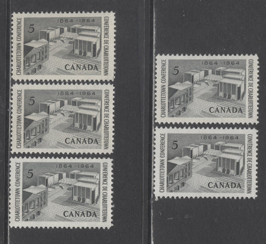 Canada #431 5c Black Confederation Memorial, 1964 Charlottetown Conference Issue, 5 VFNH Singles With Two Types Of DF Paper & Scarce Unlisted LF Paper, Perf 11.9 & 11.85 x 11.9