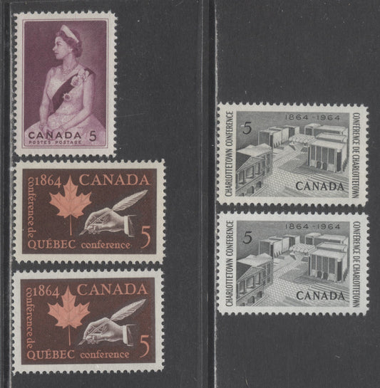 Canada #431-433 5c Black-Claret Confederation Memorial - Queen Elizabeth II, 1964 Charlottetown Conference - Royal Visit Issues, 5 GEM Singles On DF & Low Fluorescent Papers, Scarce & Unlisted, Perfect Examples
