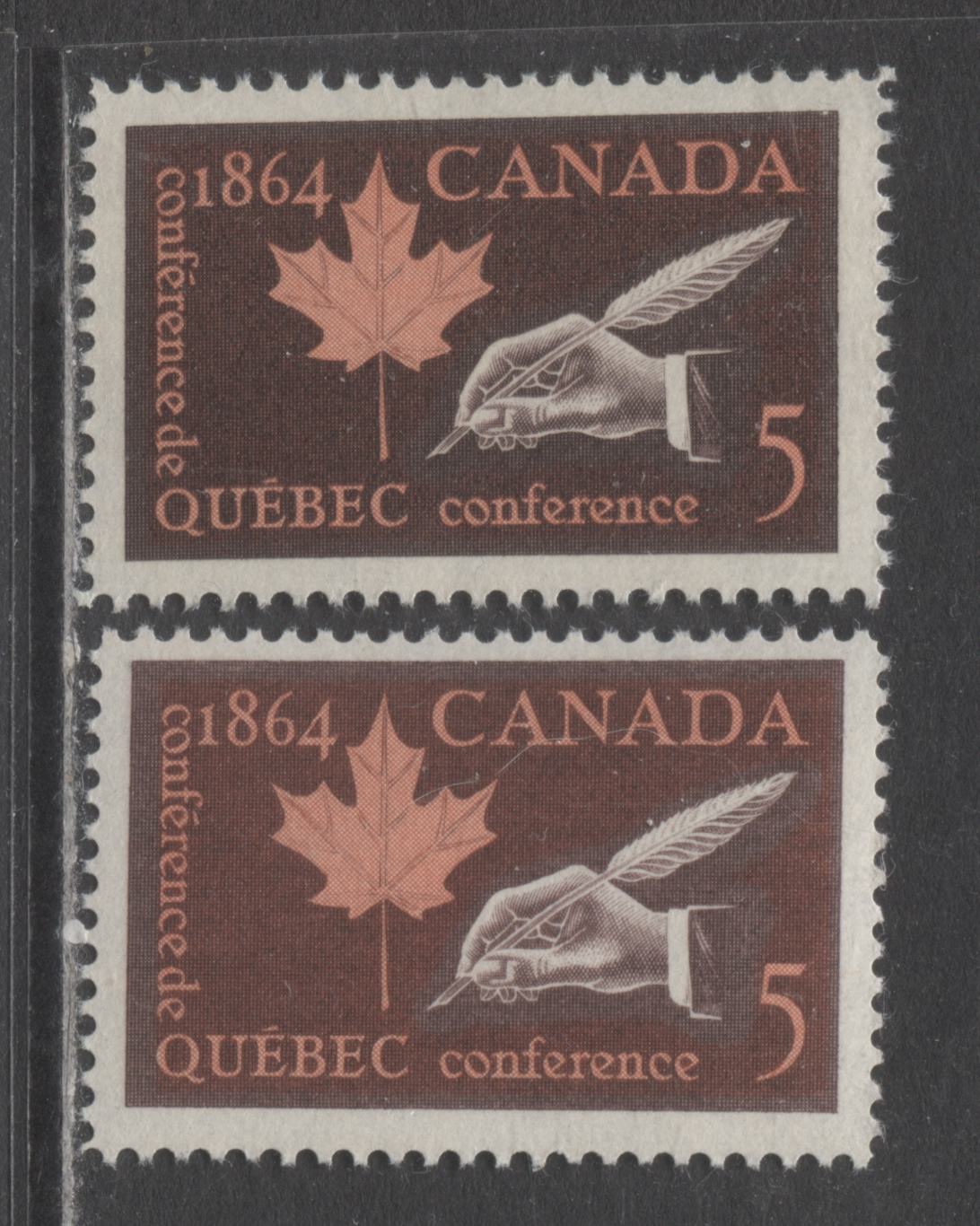 Lot 36 Canada #432var 5c Dark Brown & Rose Quill & Maple Leaf, 1964 Quebec Conference, 2 VFNH Singles On DF Grayish White Paper, Perf 11.9, Rosy Pink Brown Shade With Normal For Comparison
