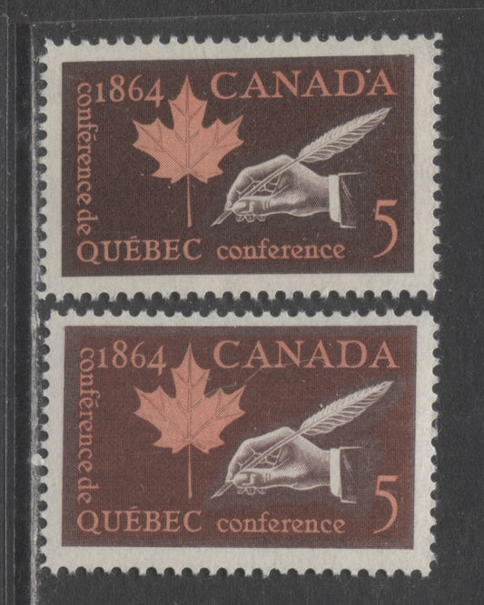 Lot 36 Canada #432var 5c Dark Brown & Rose Quill & Maple Leaf, 1964 Quebec Conference, 2 VFNH Singles On DF Grayish White Paper, Perf 11.9, Rosy Pink Brown Shade With Normal For Comparison