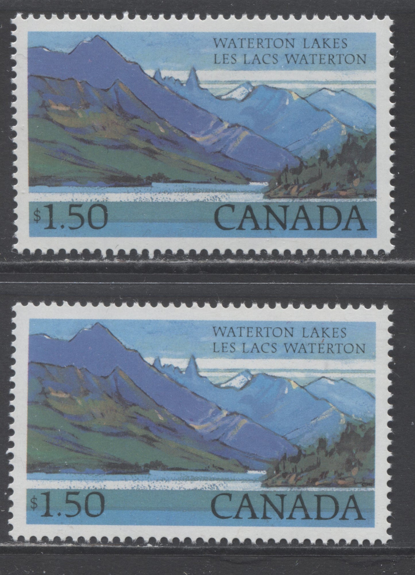 Canada #935-i $1.50 Multicolored Waterton Lakes, 1982-1987 National Park High Value Definitives, 2 GEM Singles With & Without Beacon In Mountain, DF/DF Paper