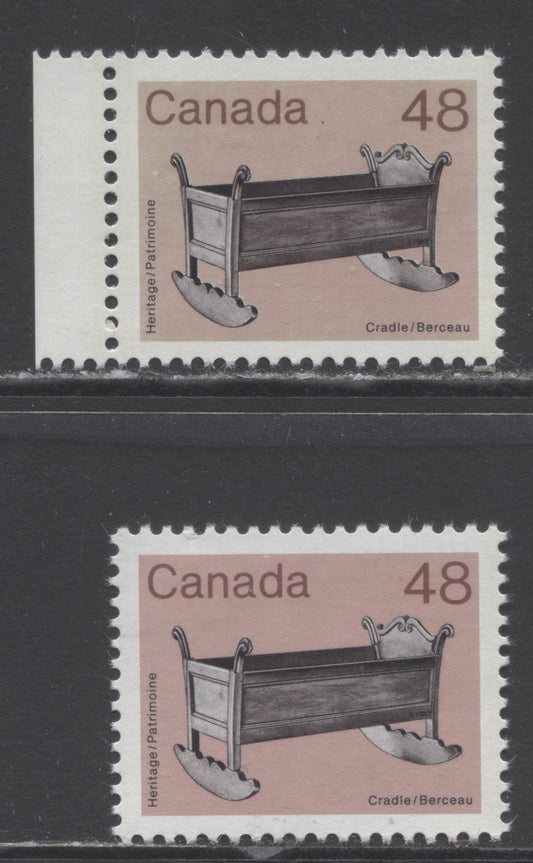 Lot 37 Canada #929i 48c Pink & Multicolored Cradle, 1982-1987 Medium-Value Artifacts Definitives, 2 VFNH Singles With Brown Background & Normal
