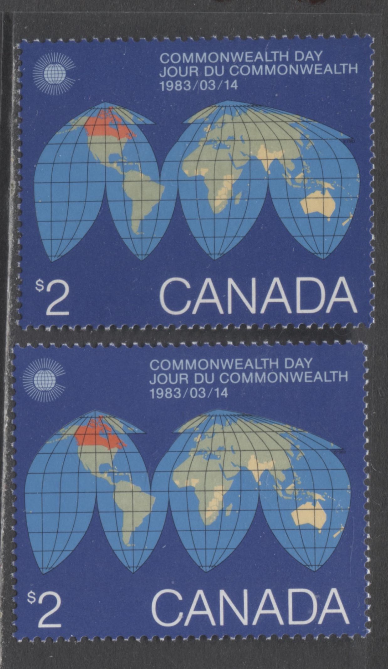 Canada #977 $2 Blue & Multicolored Map Of The Earth, 1983 Commonwealth Day, 2 VFNH Singles On DF/LF-fl & DF/DF Papers