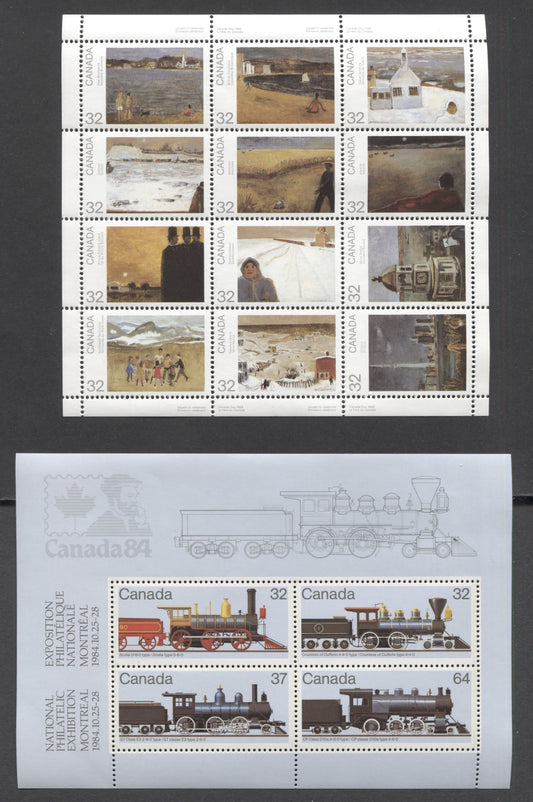 Canada #1027a, 1039a 32c Multicolored, 1984 Canada Day & Trains Issues, A VFNH Sheet & Souvenir Sheet On NF/DF Clark Paper And DF/DF Harrison Paper