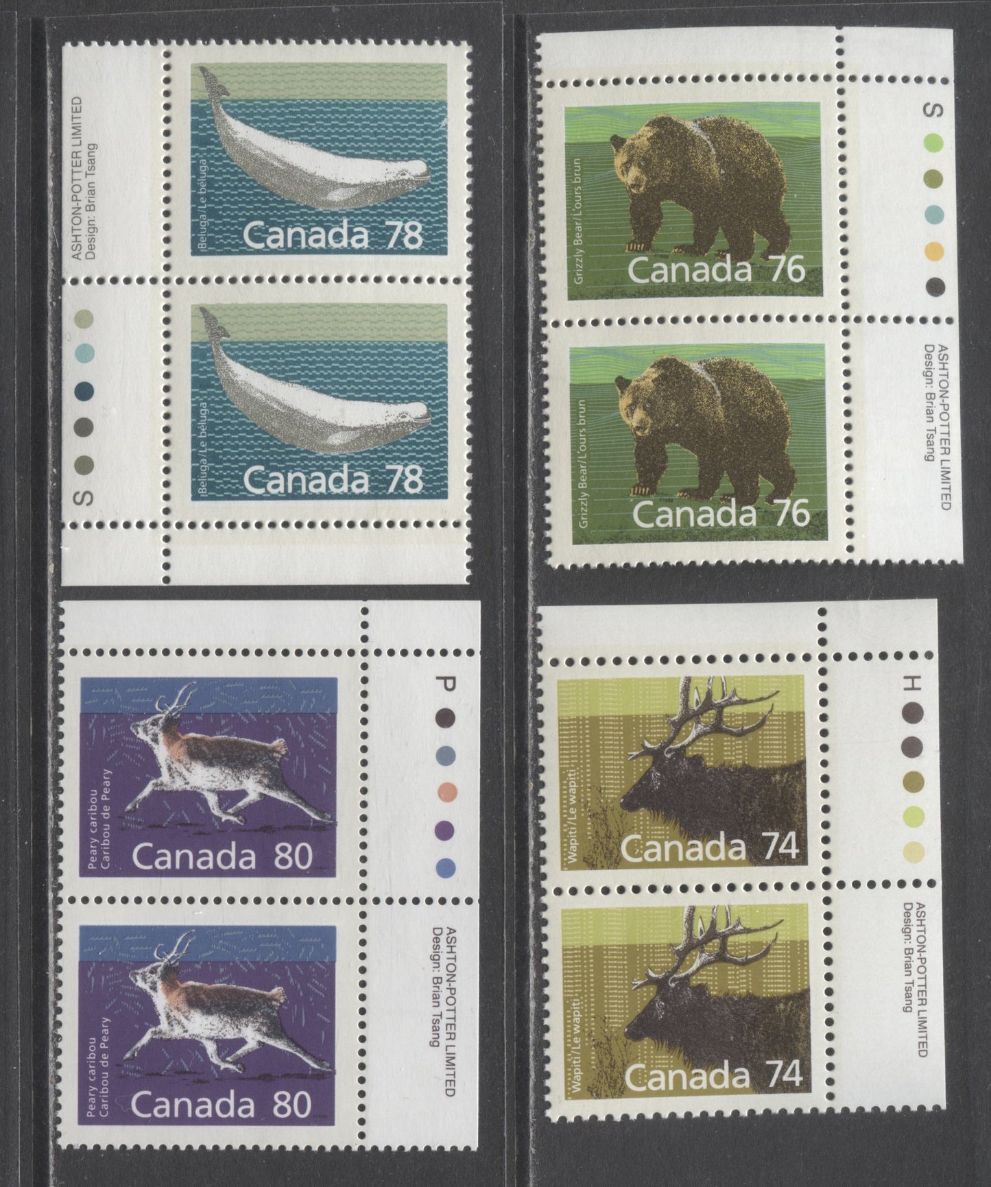 Lot 230 Canada #1177-1180 74c-80c Multicolored Wapiti-Peary Caribou, 1988-1990 International Rate Issue, 4 VFNH Inscription Pairs