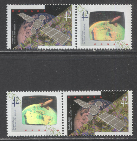 Lot 46 Canada #1442aivvar 42c Multicolored ANIK E2 & Astronauts Achievements, 1992 Canada In Space Issue, 2 VFNH Pairs Showing Quasi-Low Orbit Variety With Normal