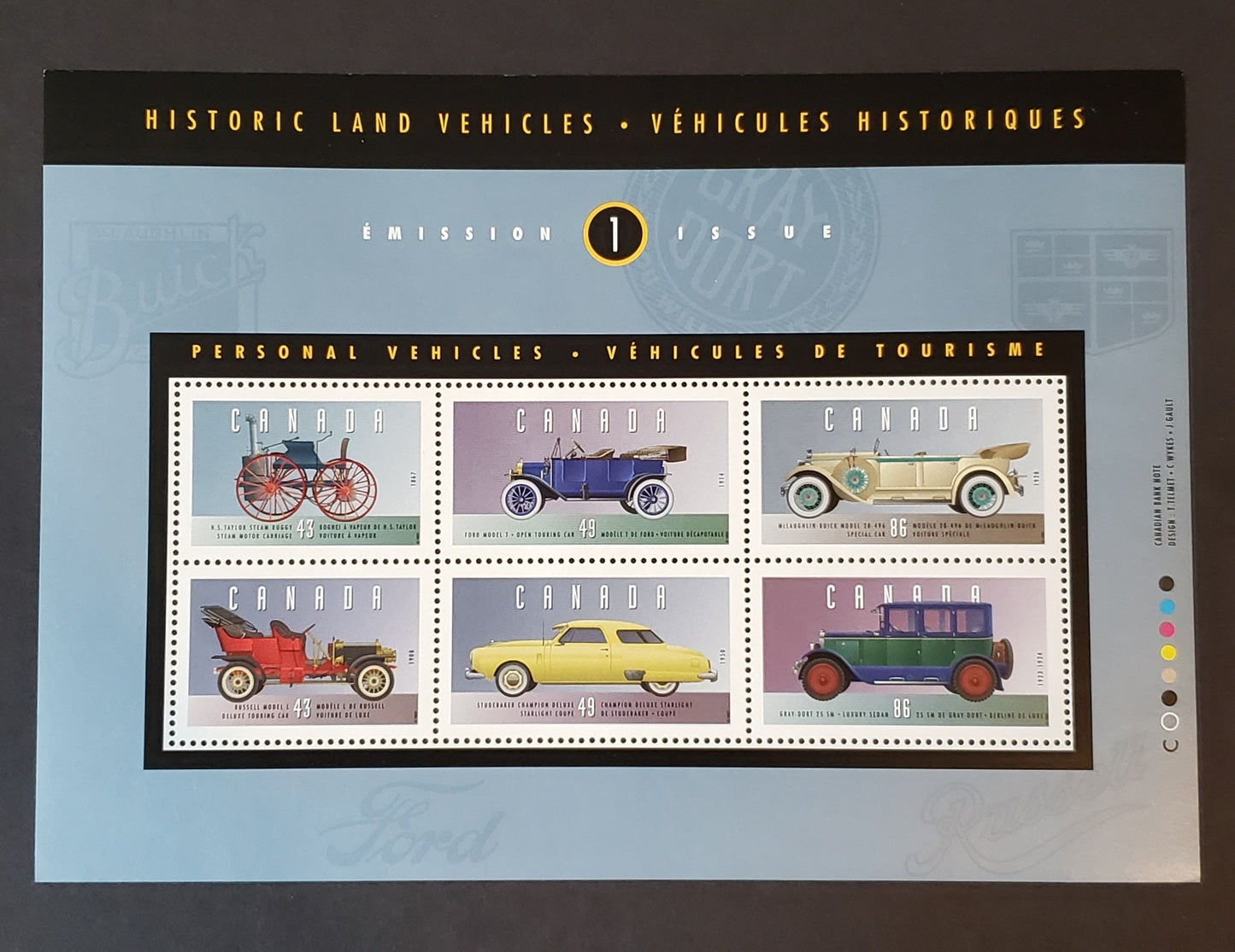 Canada #1490 43c-86c Multicolored H.S. Taylor Steam Buggy-Gray-Dort Model, 1993 Historic Land Vehicles, A VFNH Souvenir Sheet Of 6 On NF/NF Coated Papers