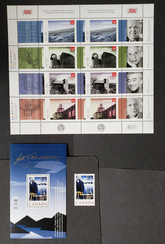 Canada #2218-2219a 52c-$1.55 Multicolored University Of Lethbridge-Captain Vancouver, 2007 Architecture & Captain Vancouver Issues, 3 VFNH Single & Souvenir Sheets