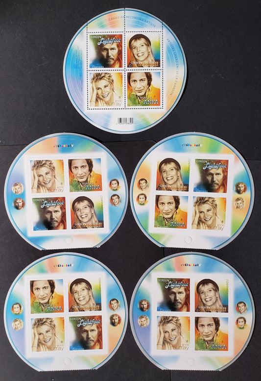 Canada #2221, 2222-iii 52c Multicolored Gordon Lightfoot-Paul Anka, 2007 Canada Recording Artists, 5 VFNH Booklet Pane & Souvenir Sheet Of 4 With Different Artists At UL Of Each Pane