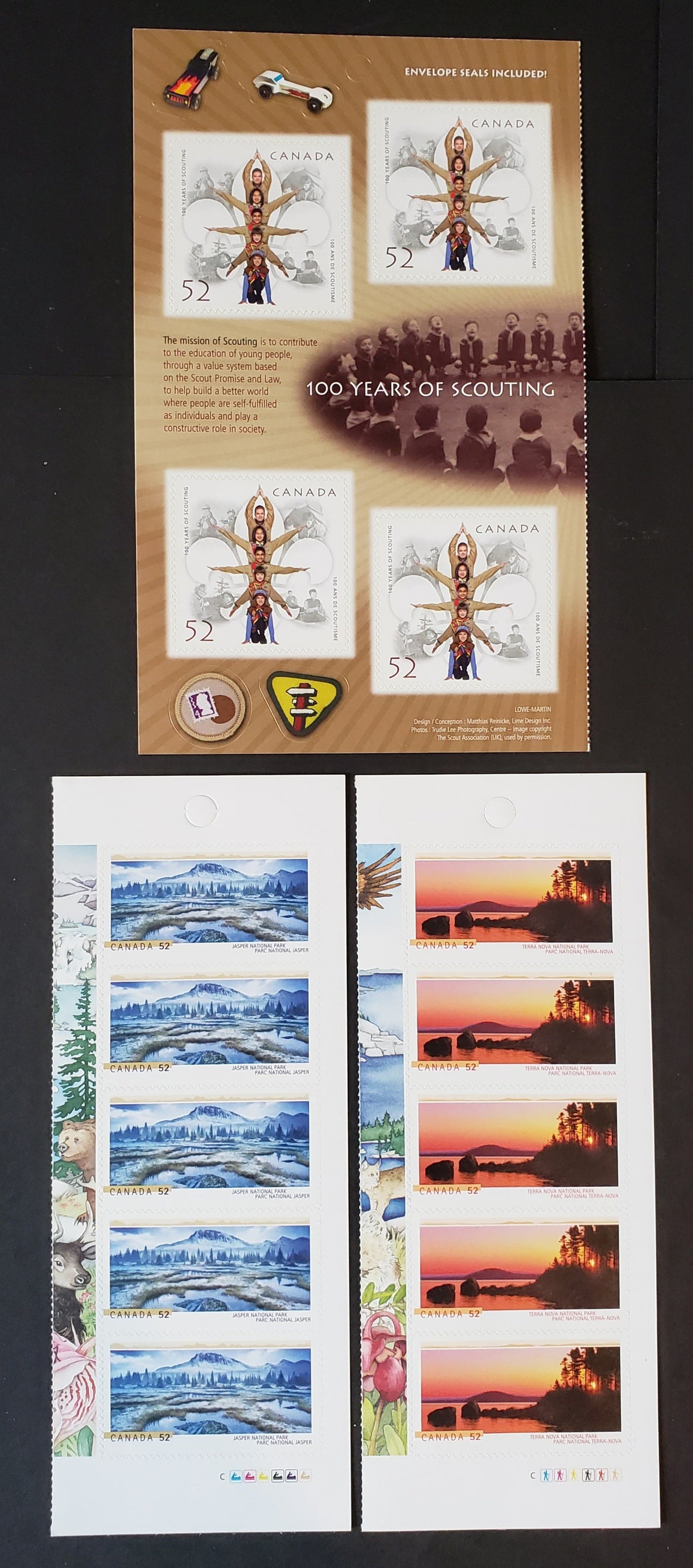 Canada #2223a-2225a 52c Multicolored Sunrise Over Alexander Bay-Organization Logo, 2007 National Parks & 100 Years Of Scouting Issue, 3 VFNH Booklet Panes Of 4 & 5
