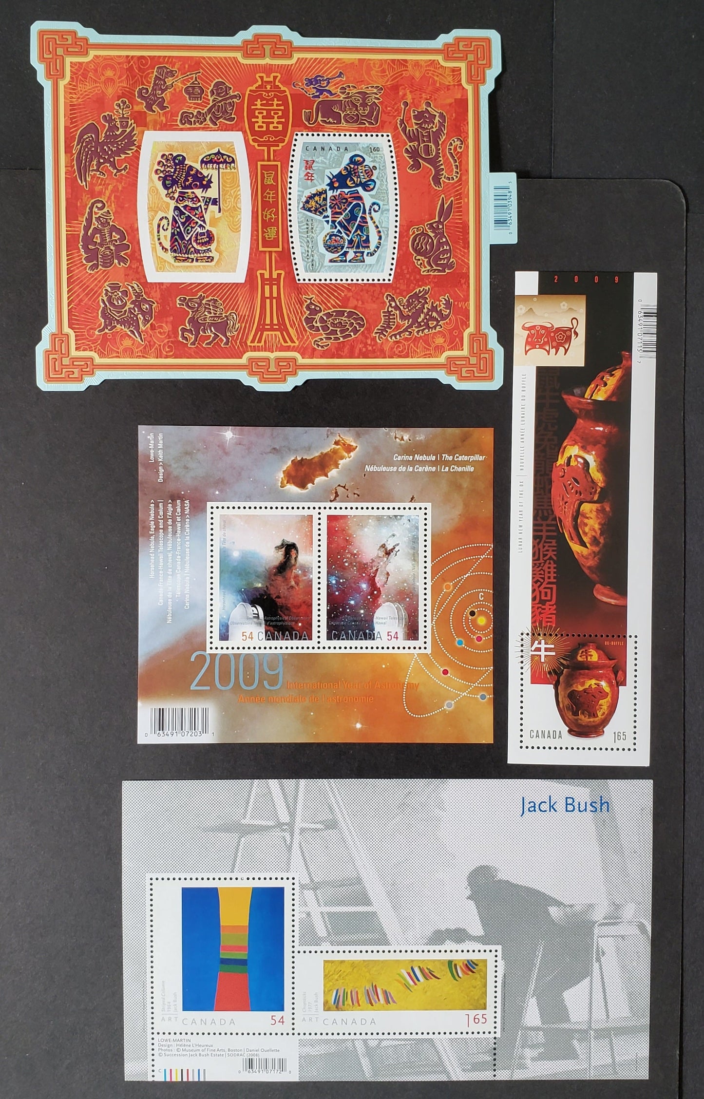 Lot 134 Canada #2258, 2297, 2322, 2323 $1.60-$1.65 Multicolored Year Of The Rat/Astronomy, 2008-2009 Lunar New Year & Astronomy Year Issues, 4 VFNH Souvenir Sheets Of 1 & 2