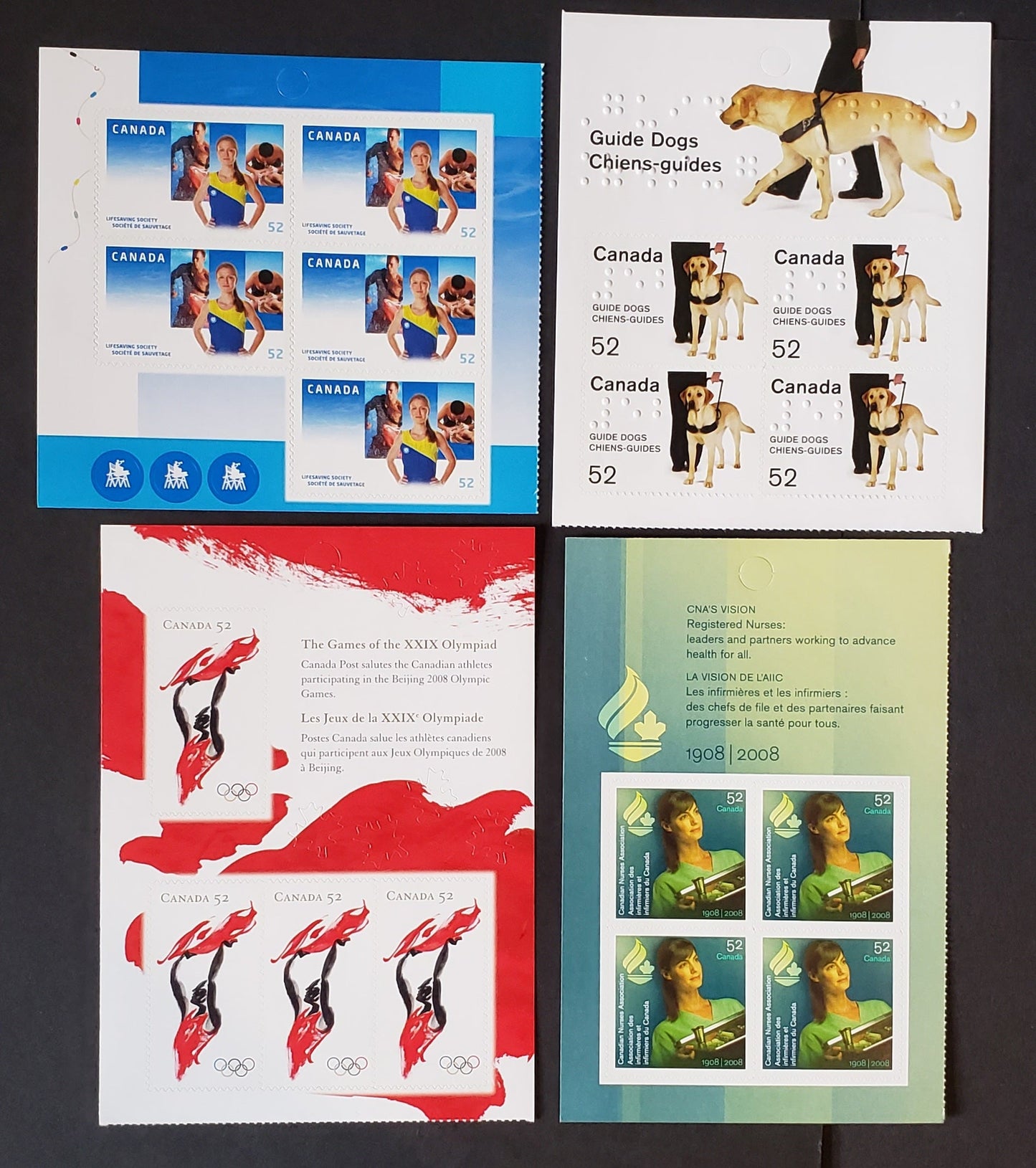 Lot 137 Canada #2266, 2275 52c Multicolored Guide Dogs/Lifesaving Society, 2008 Guide Dogs/Lifesaving Society Issues, 4 VFNH Booklet Panes Of 4 & 5