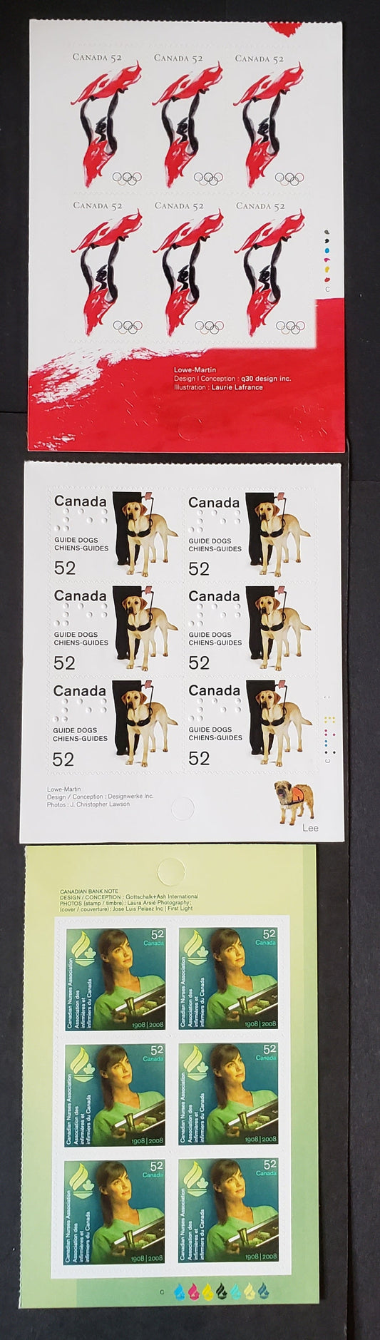 Canada #2266, 2275, 2281 52c Multicolored Guide Dogs, Nurses Association & Beijing Olympics, 2008 Guide Dogs, Nurses Association & Beijing Olympics, 3 VFNH Booklet Panes Of 6