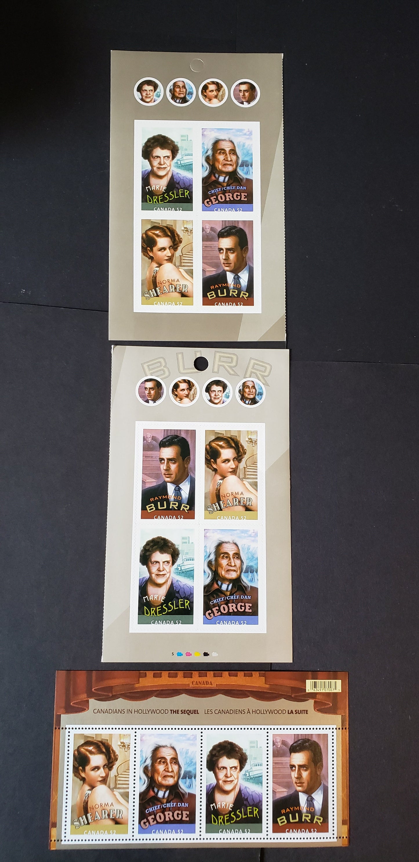 Lot 138 Canada #2279-2280iii 52c Multicolored Norma Schearer-Raymond Burr, 2008 Canadians In Hollywood Issue, 3 VFNH Booklet Panes & Souvenir Sheet Of 4 Two Out Of The Four Possible Booklet Panes