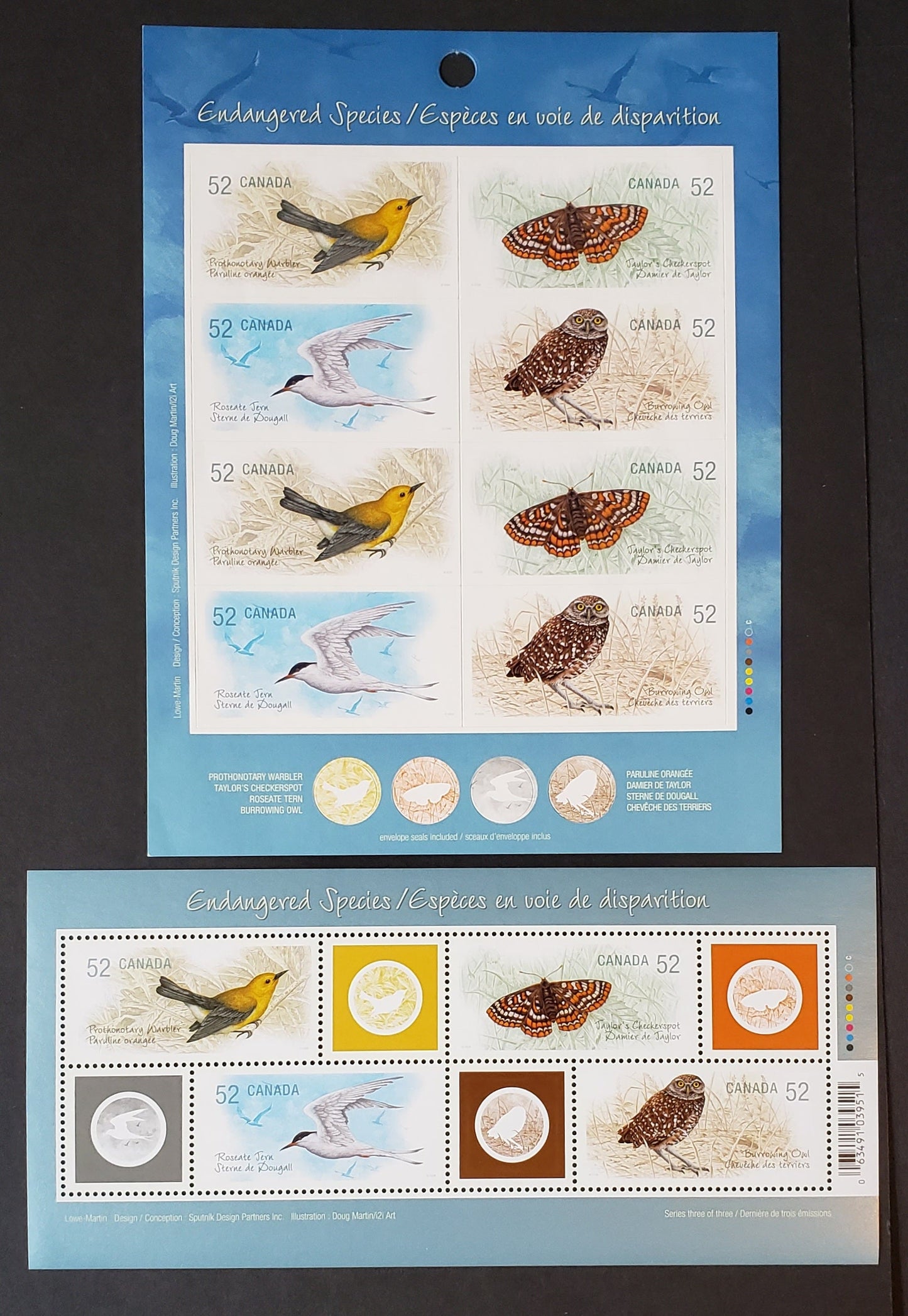 Lot 138 Canada #2285, 2289b 52c Multicolored Warbler-Burrowing Owl, 2008 Endangered Species 3, 2 VFNH Booklet Pane Of 8 & Souvenir Sheet & 4