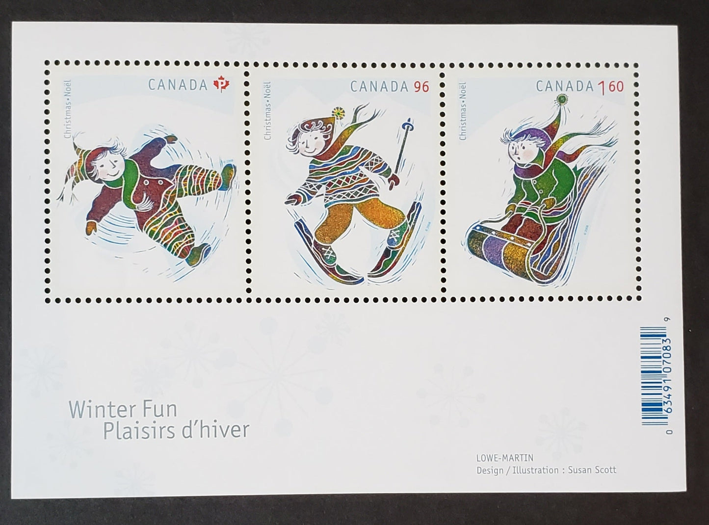 Lot 42 Canada #2291 P(52c)-$1.60 Multicolored Snow Angel-Tobogganing, 2008 Christmas Issue, A VFNH Souvenir Sheet Of 3