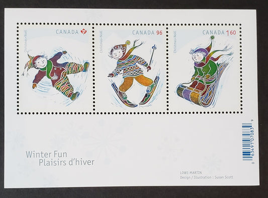 Lot 42 Canada #2291 P(52c)-$1.60 Multicolored Snow Angel-Tobogganing, 2008 Christmas Issue, A VFNH Souvenir Sheet Of 3